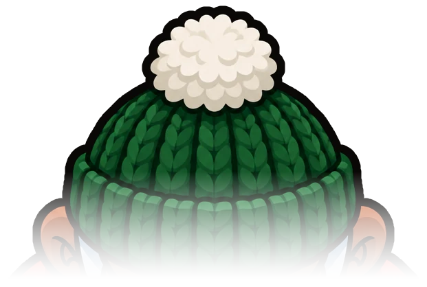 Otis seen from above wearing a green knitted beanie with a cream bobble