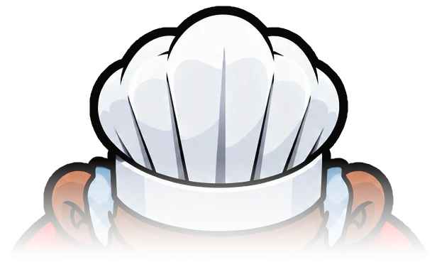 Otis seen from above wearing a white chef's hat
