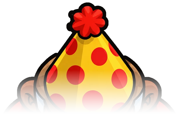Otis seen from above wearing a yellow party hat with red dots and a red pompom
