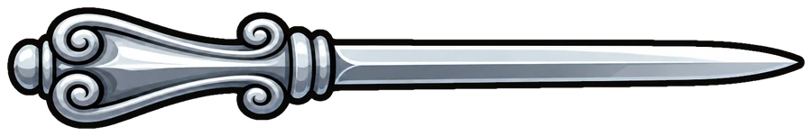 The letter opener, a thin silver blade with a scrolled silver handle