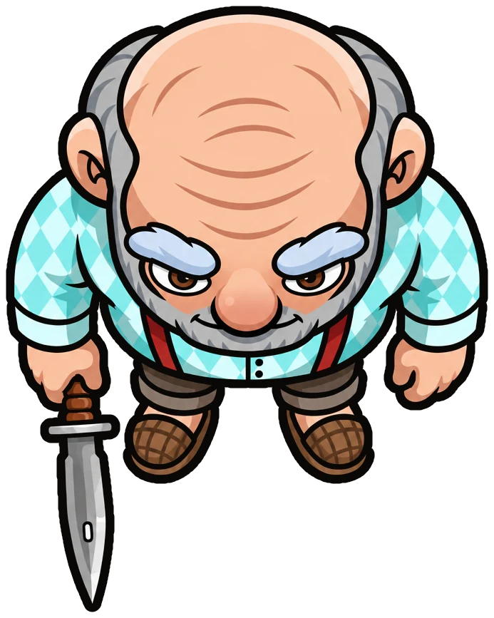 Gus seen from above with a grey beard, a light blue diamond shirt, red braces and grey shorts