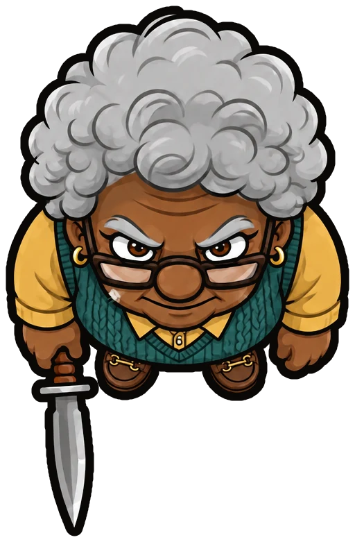 Mabel seen from above with grey curls, hoop earrings and a teal knitted vest over a yellow shirt