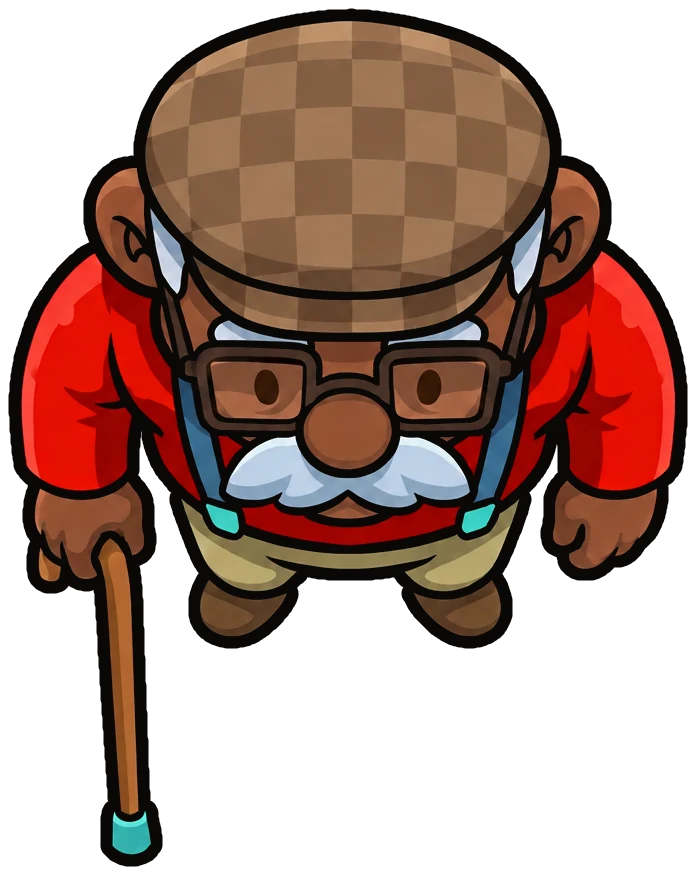 Otis seen from above in a checked flat cap, glasses, a white moustache and a red jacket with blue braces, leaning on a walking stick