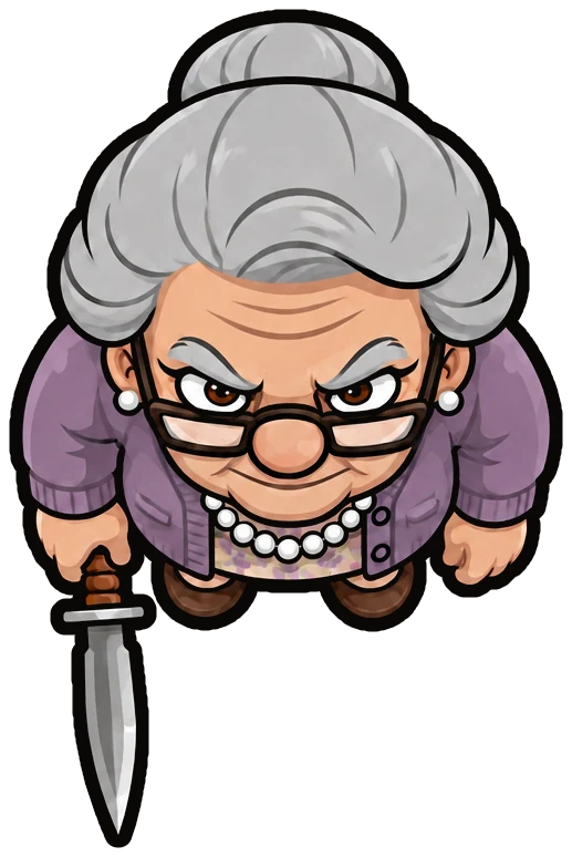 Pearl seen from above with a grey bun, glasses, pearls and a purple cardigan
