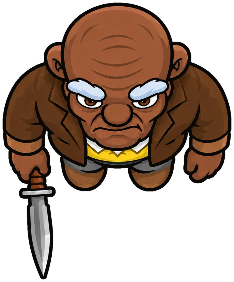 Stan seen from above in a brown jacket and yellow shirt, a dagger in his right hand