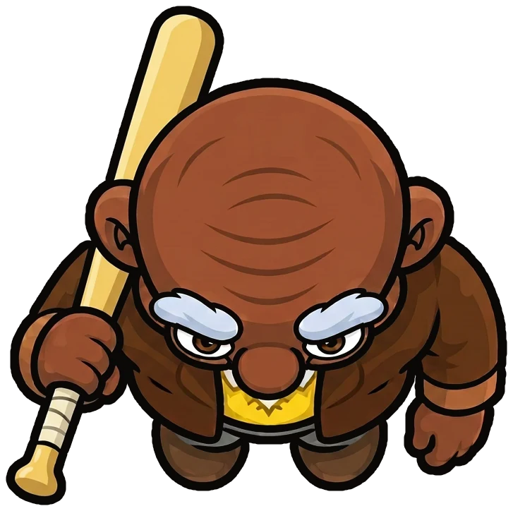 Stan seen from above with a wooden baseball bat over his shoulder