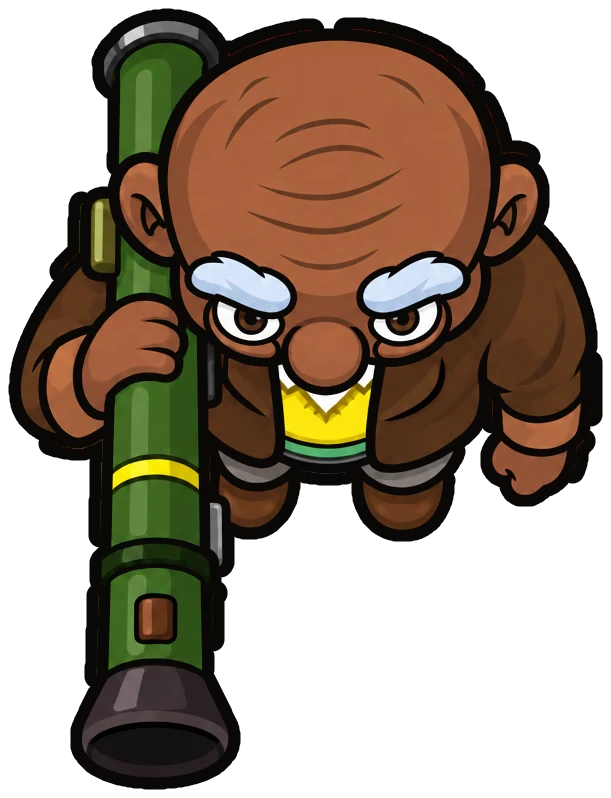 Stan seen from above with an olive green bazooka on his shoulder