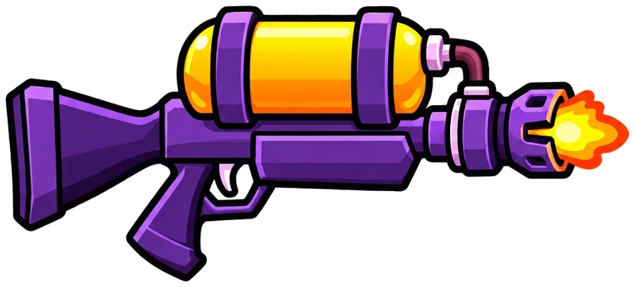 The flamethrower, purple with a yellow tank and a small flame at the nozzle