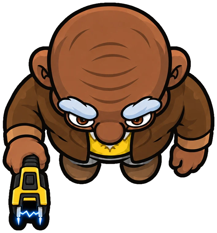 Stan seen from above holding out a yellow tazer with blue sparks