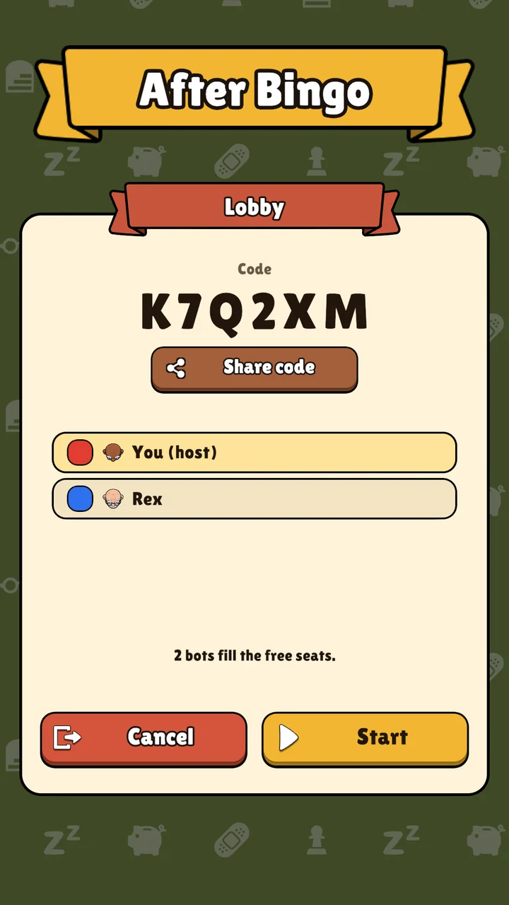 The lobby with the code K7Q2XM, a Share code button and two players seated