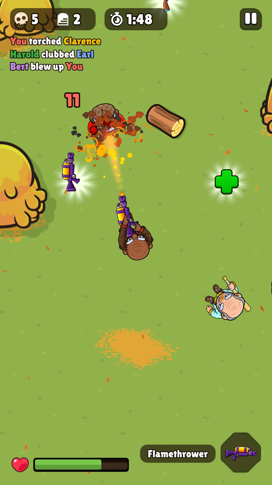 Four Seasons: Stan pours the flamethrower's fire over Otis, beside a green health pack and a log