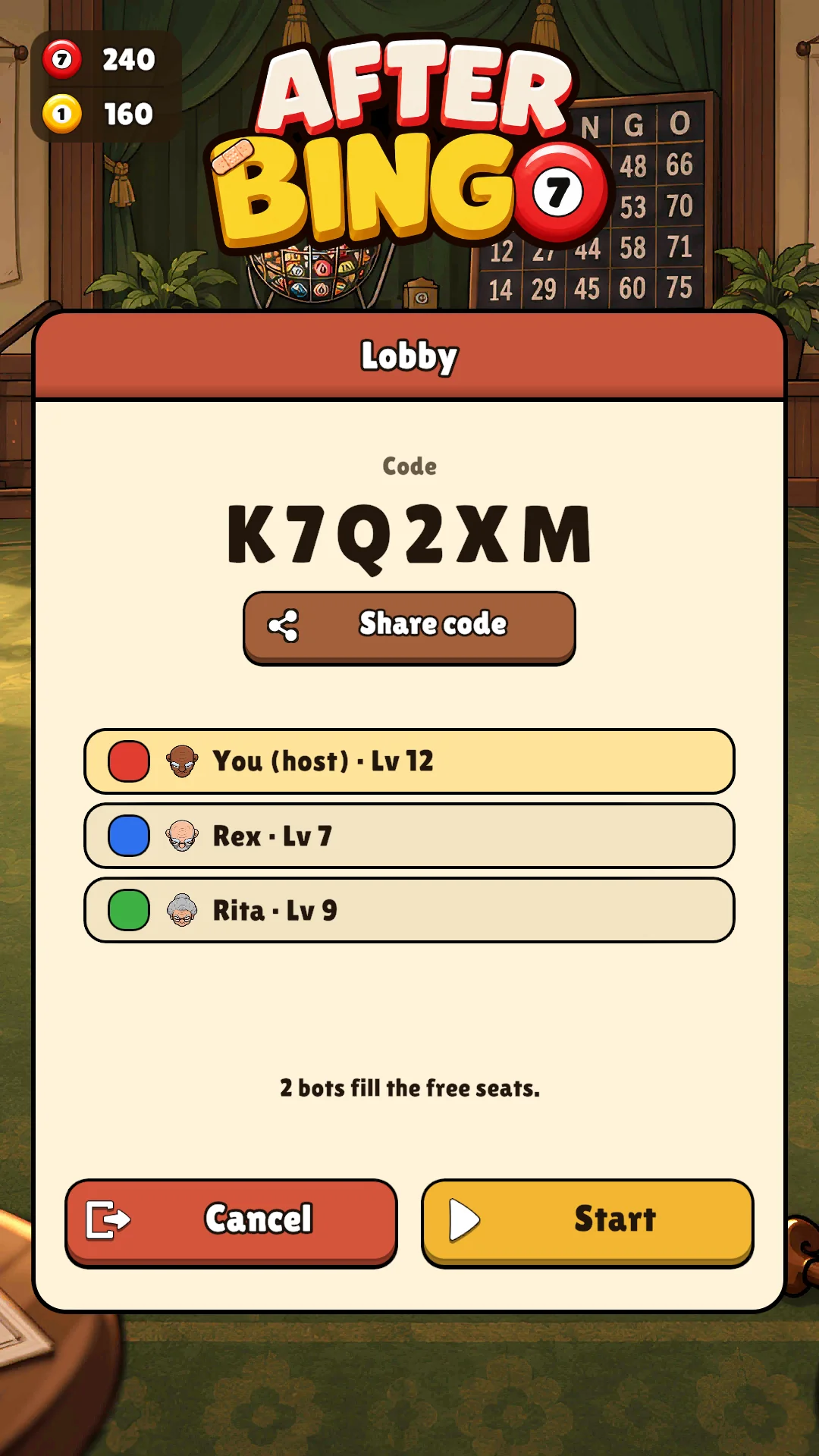 The online lobby: the join code, the Share code button, the host and one friend with their levels, and the Start button