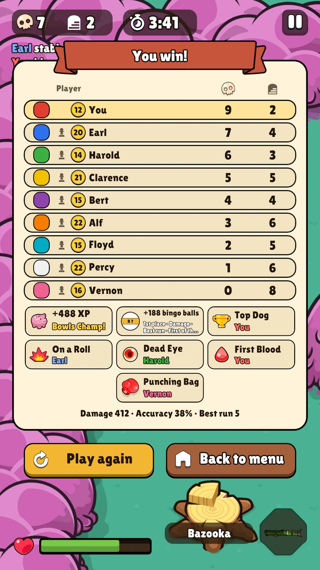 The scoreboard of a won round: You win, nine players with their levels, kills and deaths, the XP and bingo balls earned, and five awards