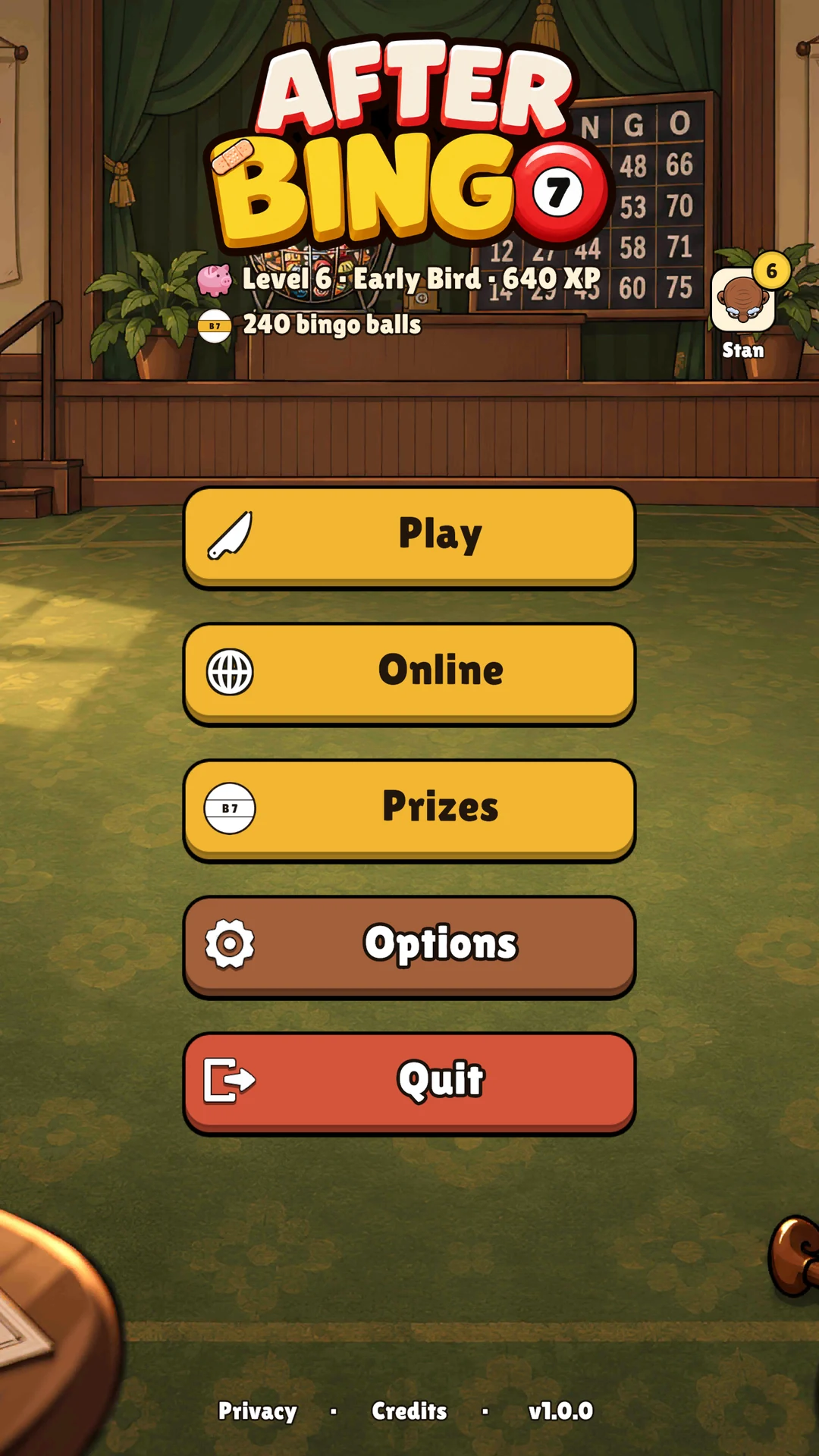 The title screen in front of a drawn bingo hall: the logo, the level, rank and bingo balls, and the buttons Play, Online, Prizes, Options and Quit