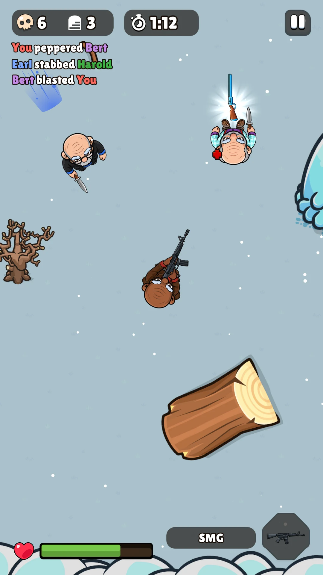 Four Seasons in winter: Stan aims the SMG at Gus on the snow while Lou dashes in, beside a bare tree and a log